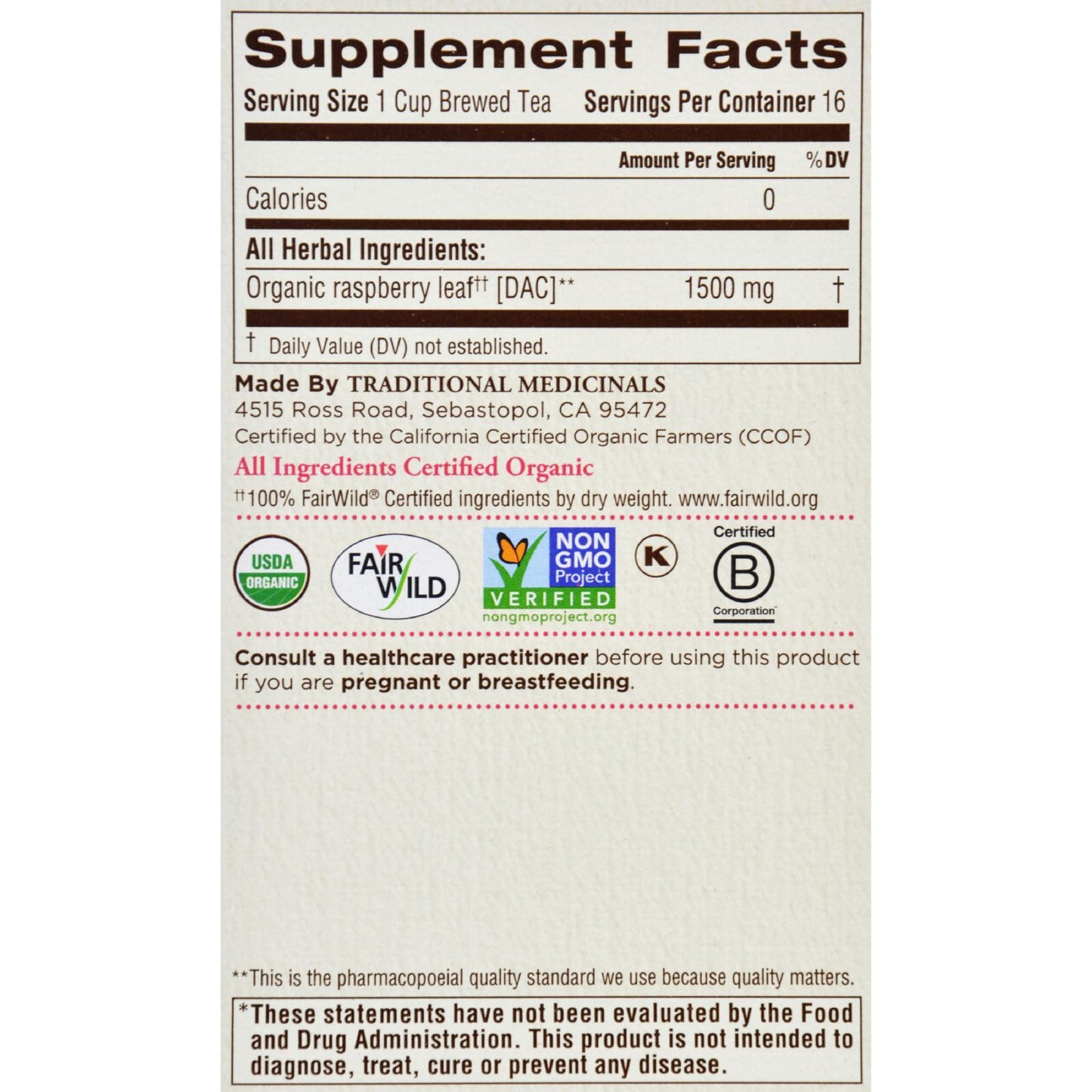 Traditional Medicinals Organic Raspberry Leaf Herbal Tea - 16 Tea Bags - Case of 6