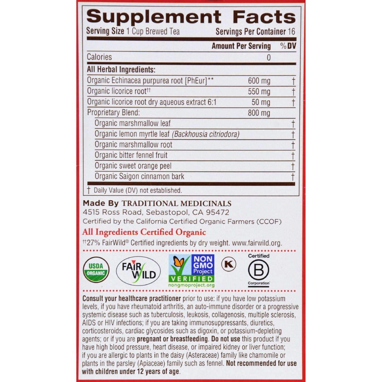 Traditional Medicinals Organic Lemon Echinacea Throat Coat Herbal Tea - 16 Tea Bags - Case of 6