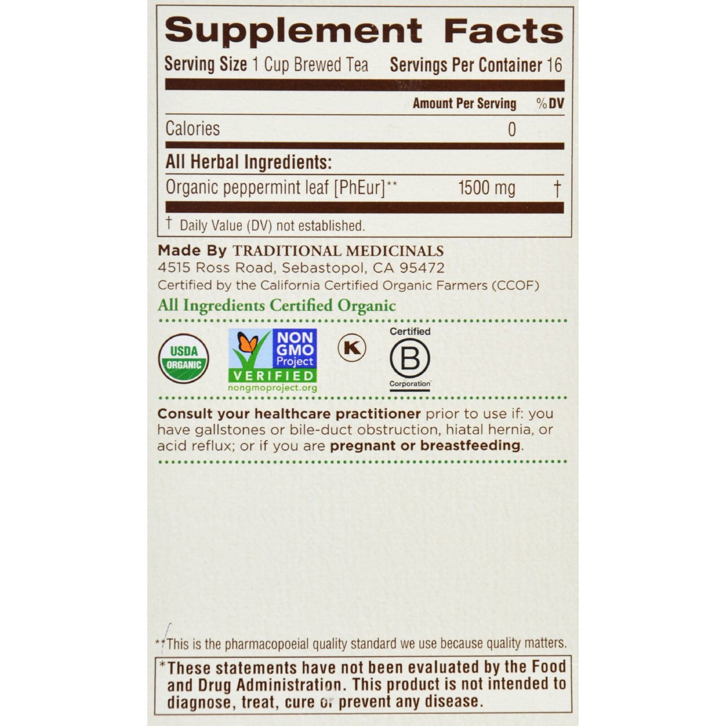 Traditional Medicinals Organic Peppermint Herbal Tea - Caffeine Free - Case of 6 - 16 Bags