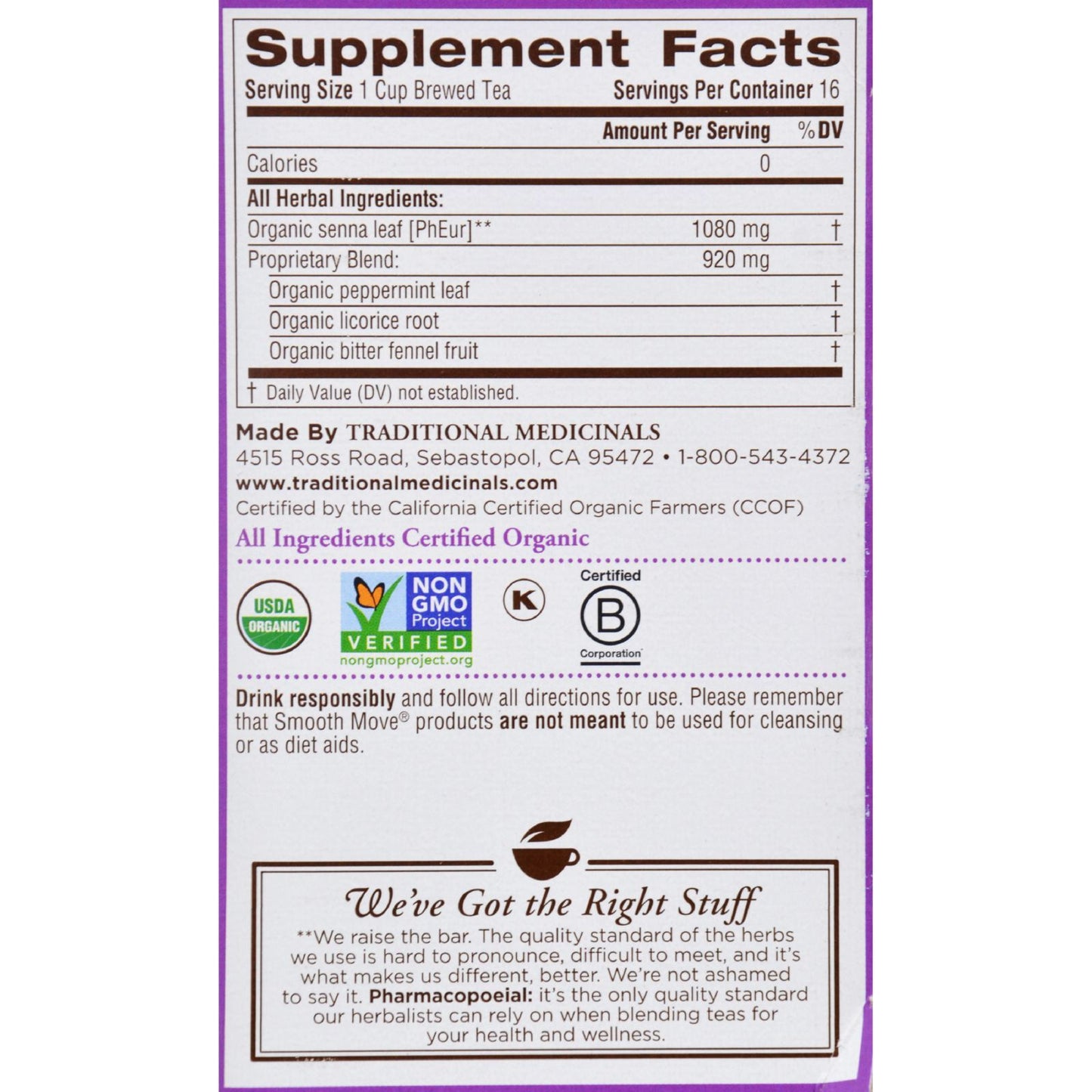 Traditional Medicinals Organic Smooth Move Peppermint Herbal Tea - 16 Tea Bags - Case of 6