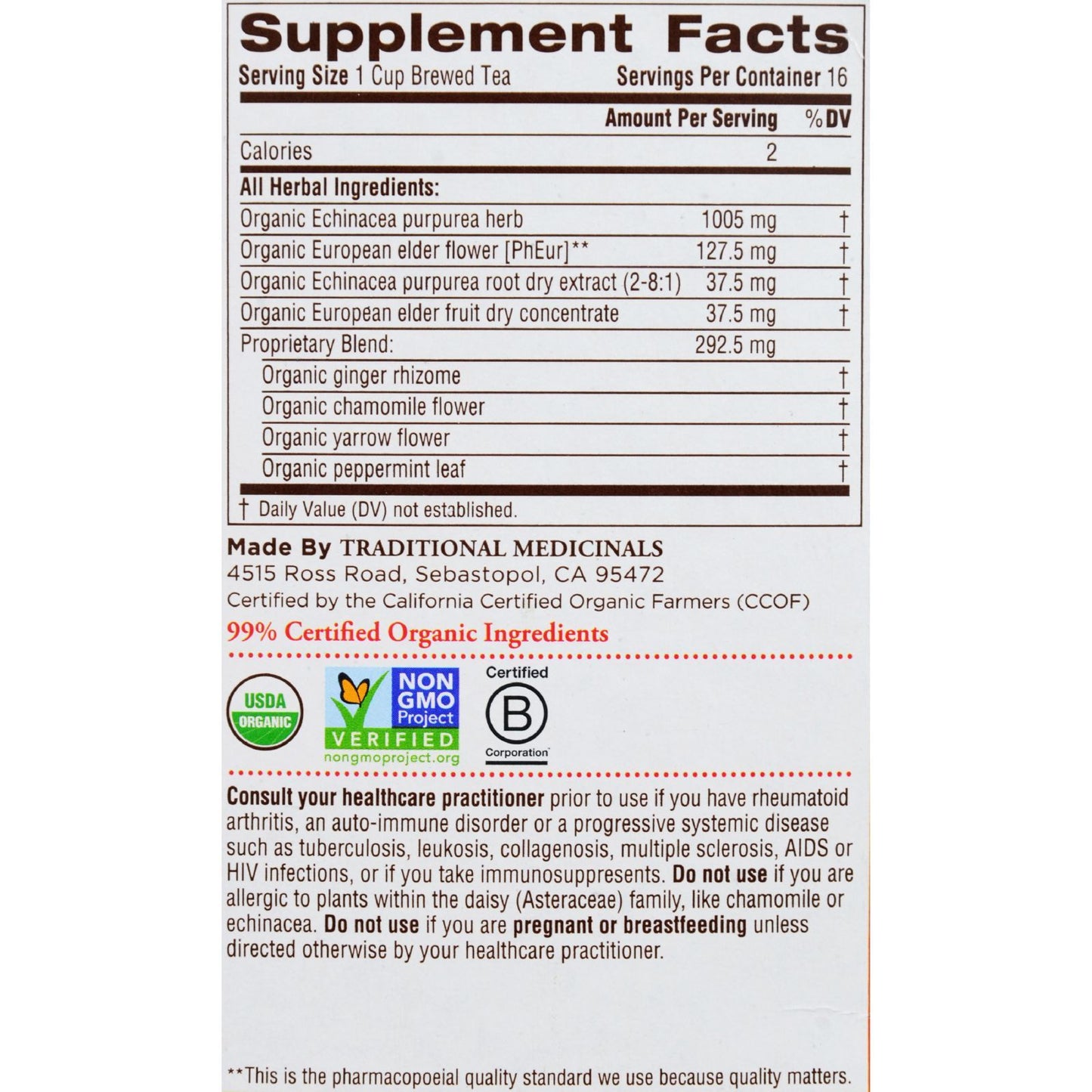 Traditional Medicinals Organic Echinacea Elder Tea -Caffeine Free - Case of 6 - 16 Bags