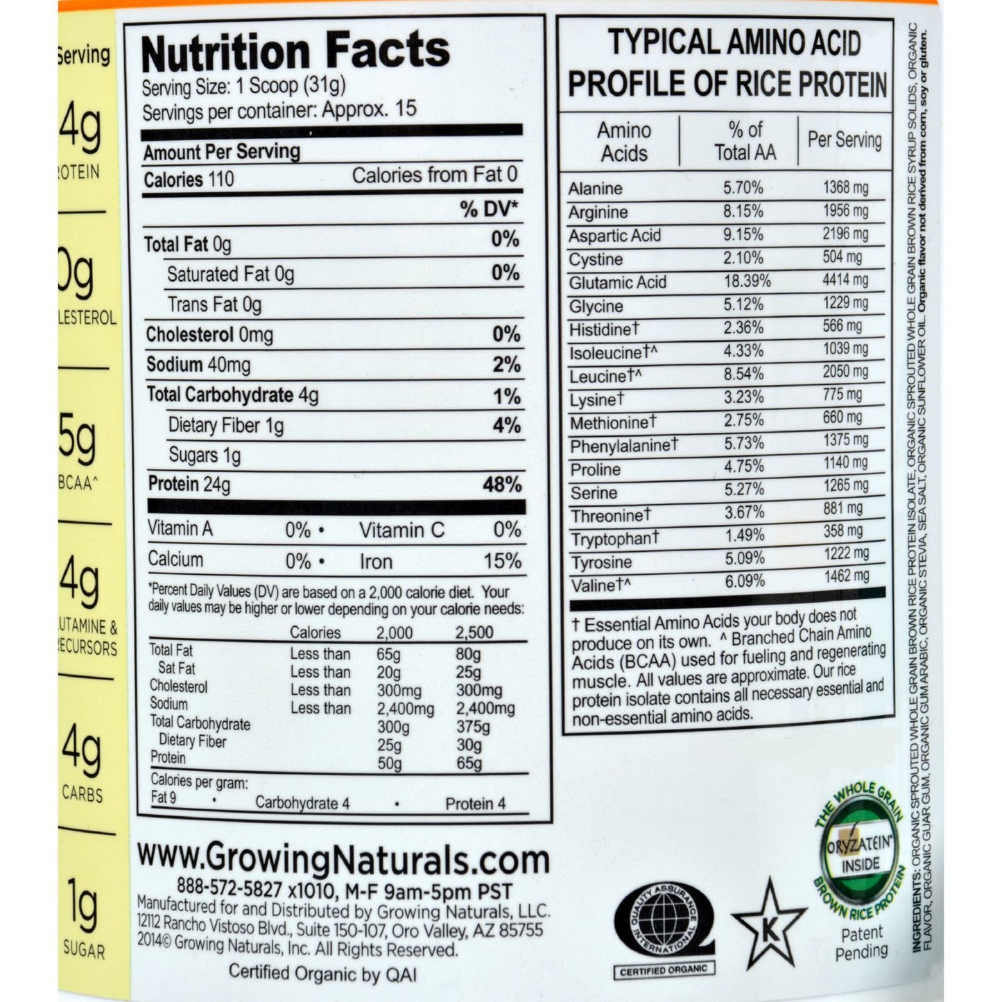 Growing Naturals Organic Raw Rice Protein - Vanilla Blast - 16.4 oz