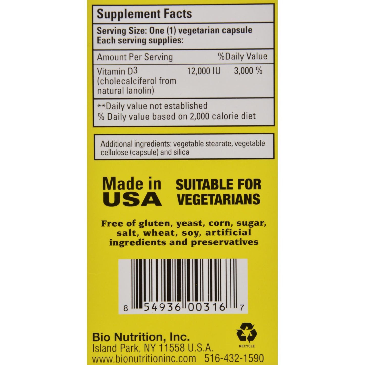 Bio Nutrition - Vitamin D-3 - 12000 IU - 50 Vegetarian Capsules