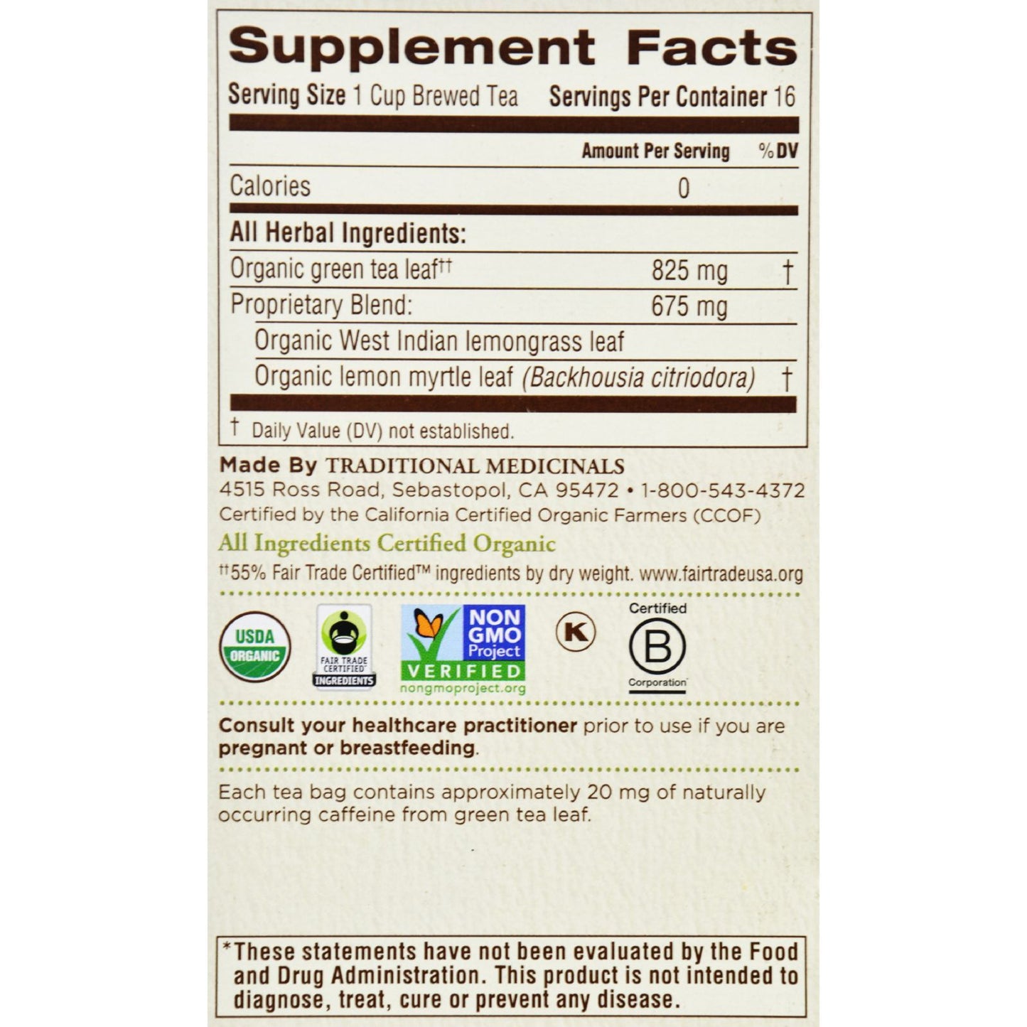 Traditional Medicinals Organic Golden Green Tea - 16 Tea Bags - Case of 6