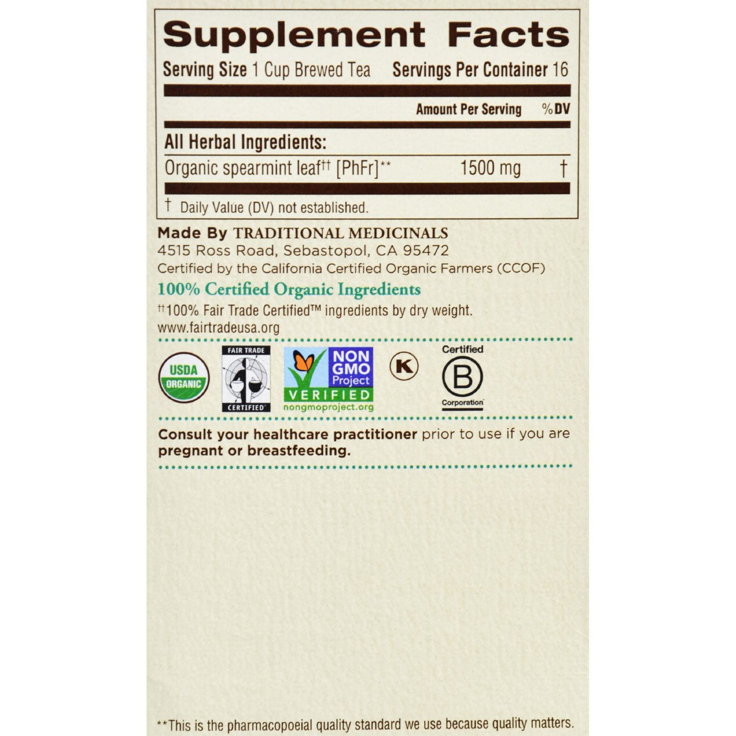 Traditional Medicinals Organic Spearmint Herbal Tea - 16 Tea Bags - Case of 6