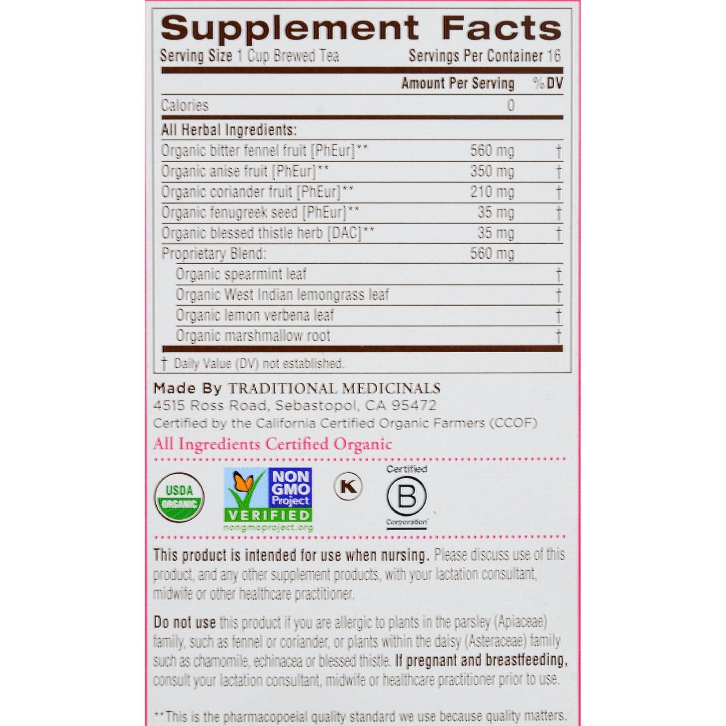 Traditional Medicinals Organic Mother's Milk Herbal Tea - 16 Tea Bags - Case of 6