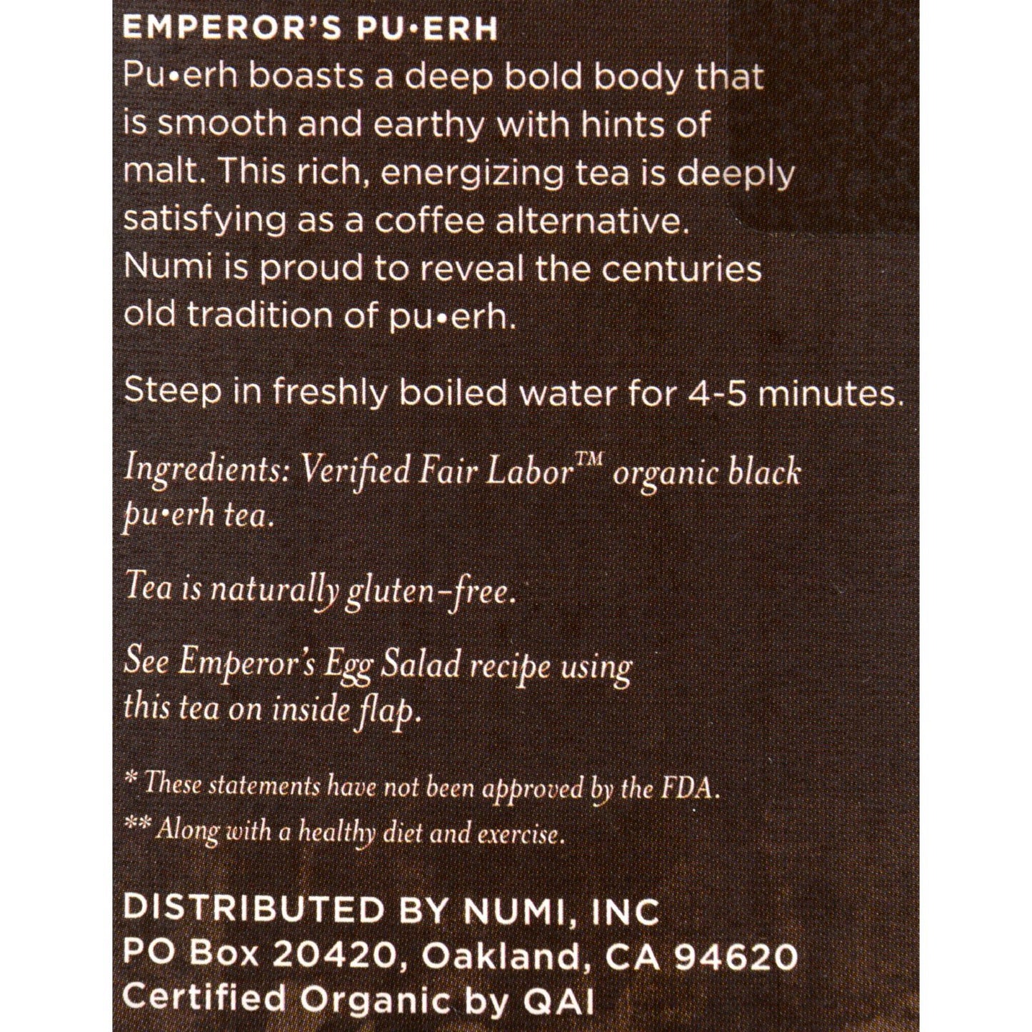 Numi Emperor's Puerh Black Tea - 16 Tea Bags - Case of 6