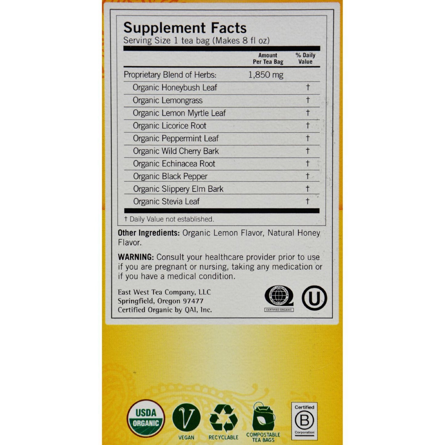 Yogi Throat Comfort Herbal Tea Caffeine Free Honey Lemon - 16 Tea Bags - Case of 6