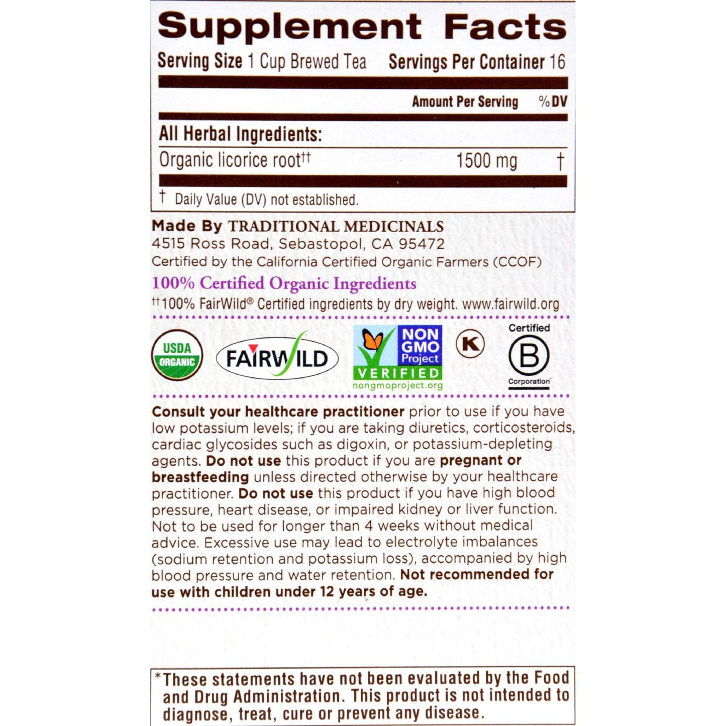 Traditional Medicinals Organic Licorice Root Herbal Tea - 16 Tea Bags - Case of 6
