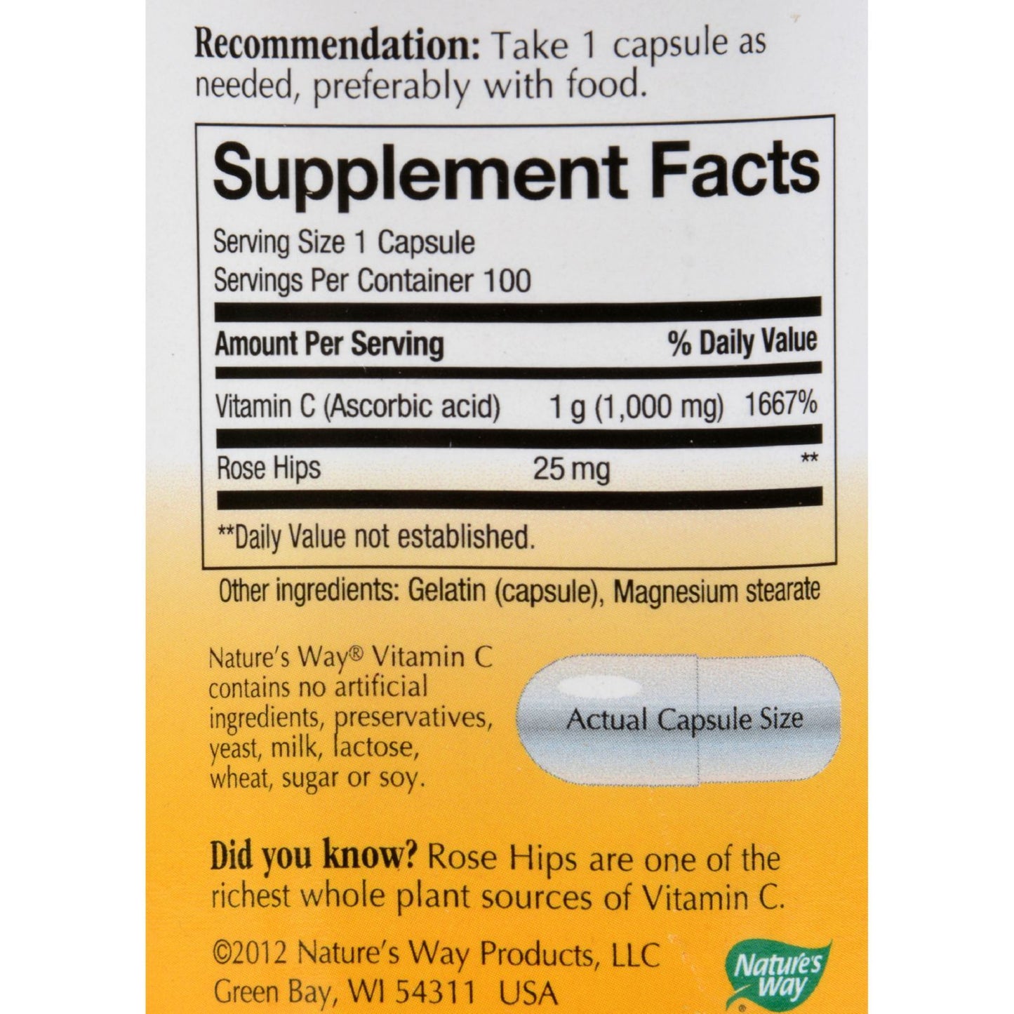 Nature's Way - Vitamin C with Rose Hips - 1000 mg - 100 Capsules