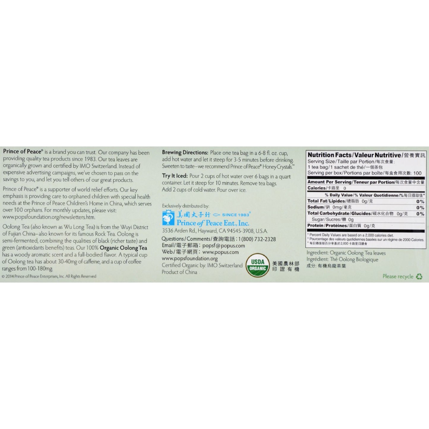 Prince of Peace Organic Oolong Tea - 100 Tea Bags