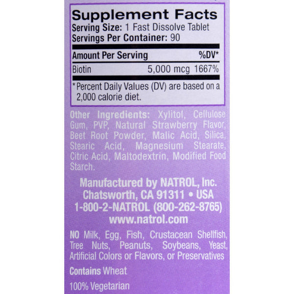 Natrol Biotin - Fast Dissolve - Strawberry - 5000 mcg - 90 Tablets