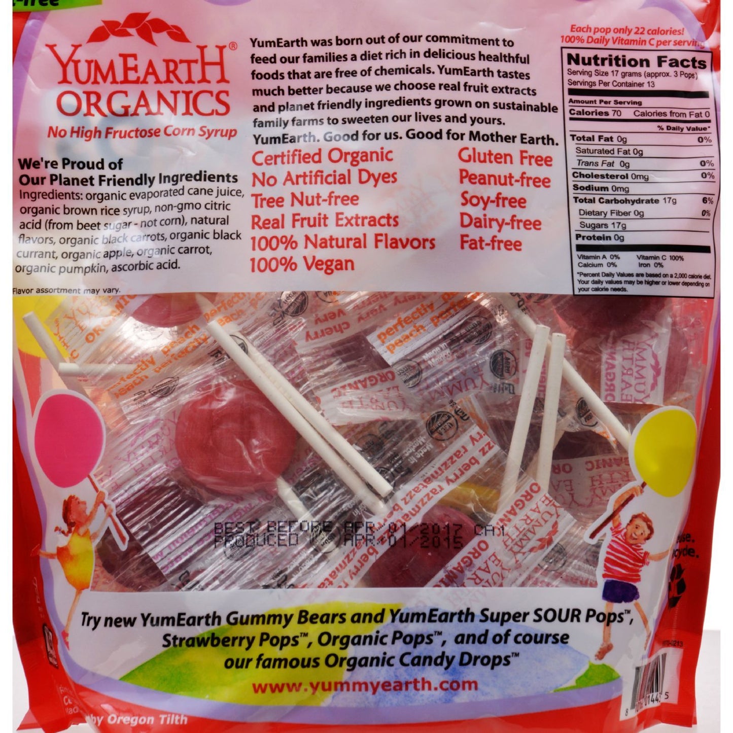 Yummy Earth Organics Lollipops - Organic Pops - 40 Plus - Assorted - 8.5 oz - Case of 12