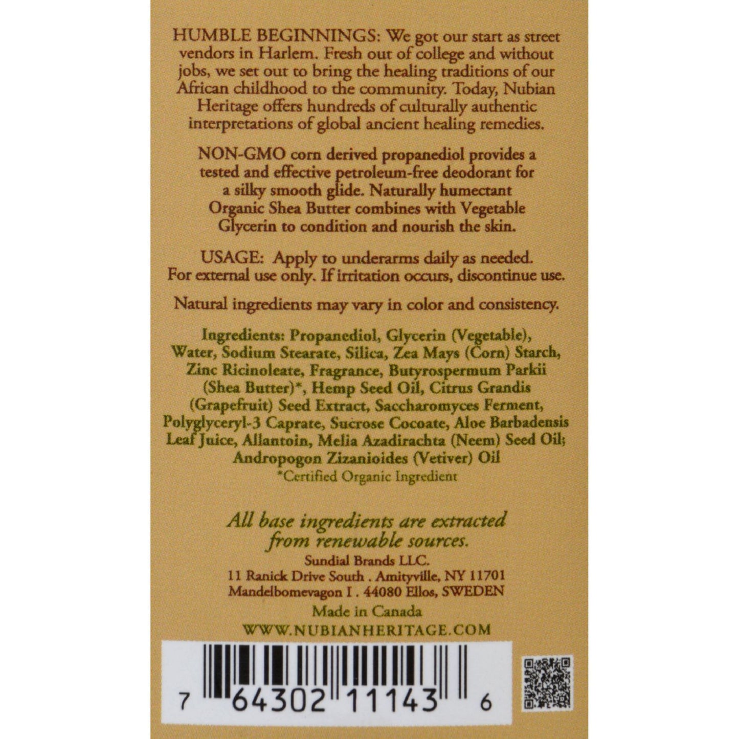 Nubian Heritage Deodorant - All Natural - 24 Hour - Indian Hemp and Haitian Vetiver - with Neem Oil - 2.25 oz