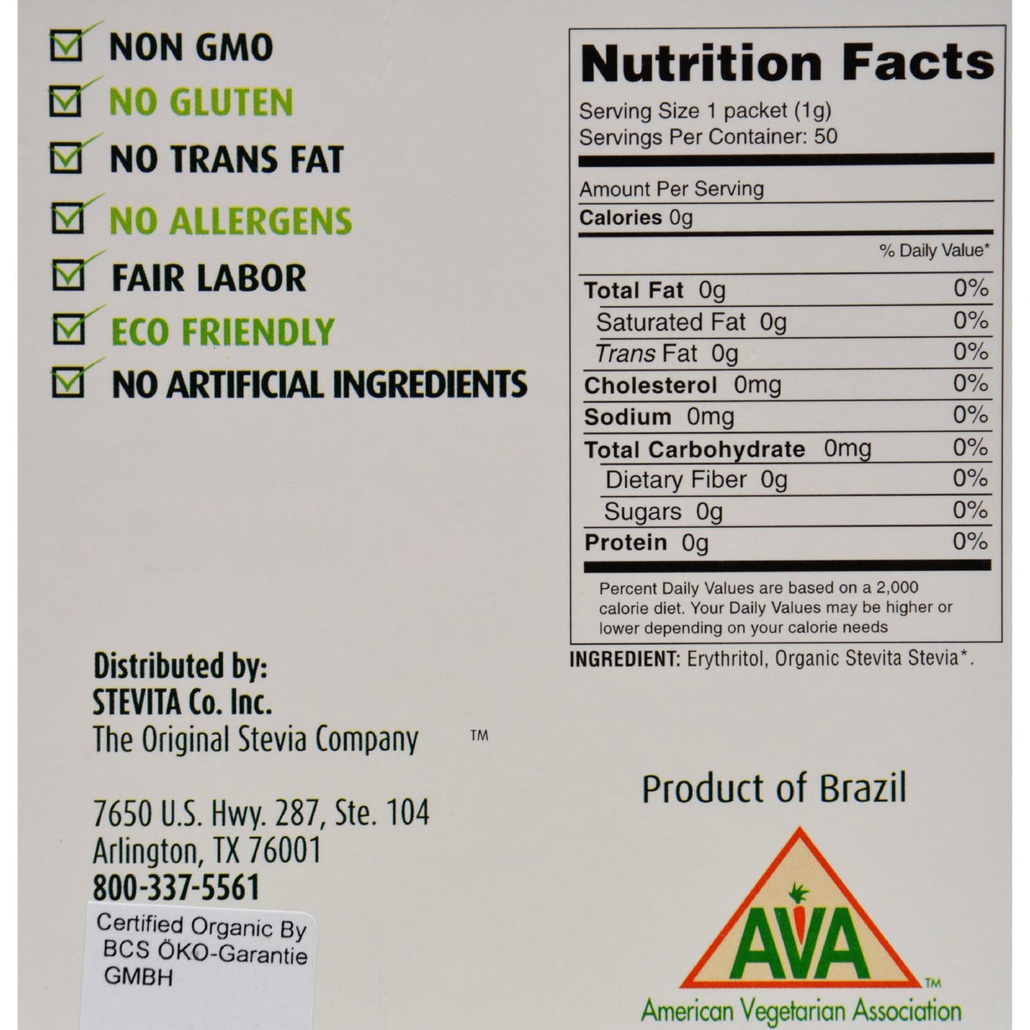 Stevita - Stevia - Spoonable - Certified Organic - 50 Packets